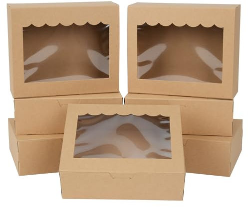 AWCIGG 12 Stück Braun Gebäckkarton mit Sichtfenster, 15,3 x 12,7 x 5,1cm Kraftkarton Tortenschachtel, Geschenk Box für Cookies, Macarons, Muffins, Süßigkeiten, Weihnachten, Geburtstag Party