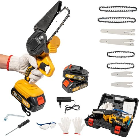 Mini Motosierra Bateria Potente y Ligera - baterias 8000 mAh, 6 y 4 pulgadas - Motosierra Eléctrica Inalámbrica de Mano - Minimotosierras de Batería Fáciles de Usar - Motosierra a Bateria Segura