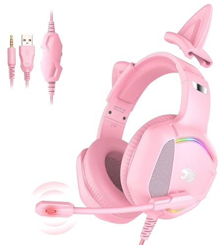 IMYB Gaming Headset with Microphone for Pc, Xbox One, Ps4, Ps5, Switch, Stereo Wired Noise Cancelling Over-Ear Cats Ears Headphones with Mic, RGB, for Computer, Laptop, Mac, Nintendo, Gamer (Pink)