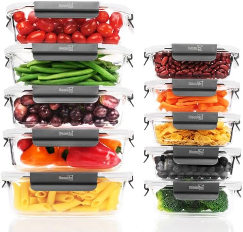 Homiu Lot de 10 boîtes alimentaires en verre avec couvercles | Boîtes hermétiques en verre pour la préparation des repas | Sans BPA anti-fuite | Boîtes à déjeuner réutilisables qui passent au