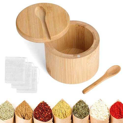 KASURE Salero para Cocina Bambú, Caja de Especias de Bambú Redonda, de Especias con Contenedor de Cierre Magnético, Sal, Pimienta, Hierbas y Más（3 bolsitas de especias gratis）