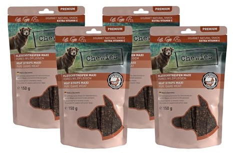 Chewies Lot de 4 Paquets de 150 g de friandises pour Chien - 100% Viande Sauvage - Séchées à l'air Libre - sans Sucre et sans céréales - Viande déshydratée du gibier