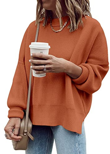 Cicy Bell Womens Oversized Tunic Sweaters Fall Slouchy Long Sleeve Pullover Ribbed Knit Side Slit Jumper,Orange,M