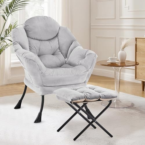 XH.Easy Go Lazy Chair with Ottoman, Accent Lounge Reading Arm Chair with Footstool, Leisure Armchair for Living Room Bedroom Comfy Arm Chairs with Footrest and Side Pocket, Grey