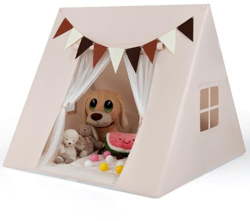 GOPLUS Tienda de Campaña Infantil para Interiores, Tipi de Juegos para Niños Pequeños con Alfombra Acolchada y Cortinas, Banderas Coloridas, Ventanas, Refugio Triangular para Niños de 3+ Años