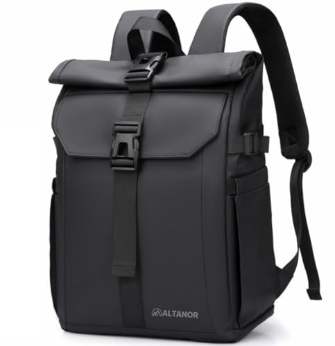 ALTANOR Mochila Impermeable 35L – Rolltop Extensible con Compartimento para Portátil 13-17, Mochila Urbana de Viaje Resistente para Trabajo, Senderismo y Día a Día – Equipaje de Mano Cabina – Negro