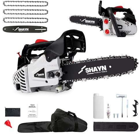 SHAYN Motosierra Gasolina de 26 cc – Sierra de cadena con mango superior de 2 tiempos con barra de 10 pulgadas, 3 cadenas de repuesto, antivibración - Sierra de jardín ligera con 3 años de garantía