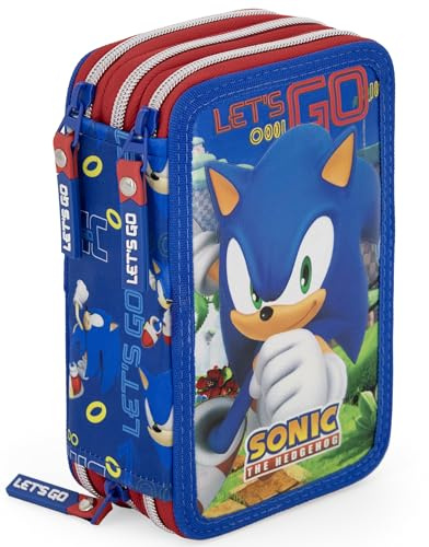 Clondo Astuccio Scuola 3 Scomparti Completo Per Sonic Fan - 46 Accessori Bambini - Kit Cancelleria con 3 Penne Gel Cancellabili, Pennarelli, Pastelli, Colla, Evidenziatore