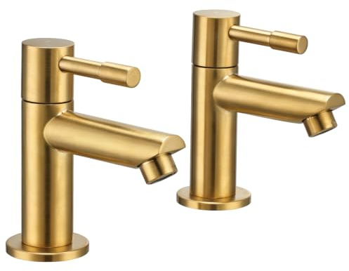 Wasserrhythm Basin Pillar Taps Pair Twin Bathroom Sink Tap Brushed Gold | 304 Stainless Steel Lead-Free Cloakroom Faucets Traditional Mono 2PCs Hot and Cold Water Tap 1/4 Turn Leve 2 Holes Round 20mm
