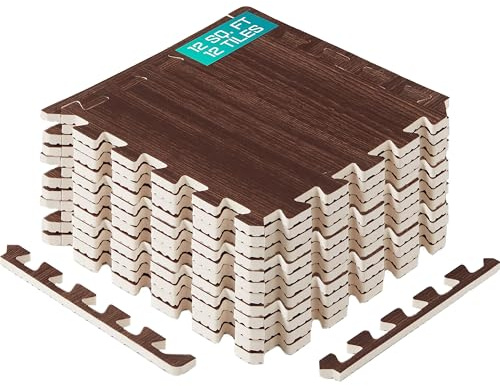Yes4All Tapetes Encastrables De EVA, Baldosas De Piso Tipo Rompecabezas, Acolchado De Espuma Con Borde Para Muebles, Espacios Del Hogar, Sala De Estar, Garaje - Dark Walnut Wood, 1.02 m2