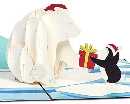 papercrush® Pop-Up Karte Weihnachten „Eisbär & Pinguin“ - Lustige 3D Weihnachtskarte für Kinder, Frau oder Mann - Handgemachte Popup Weihnachtsgrußkarte für Frauen und Männer, Mädchen und Jungen