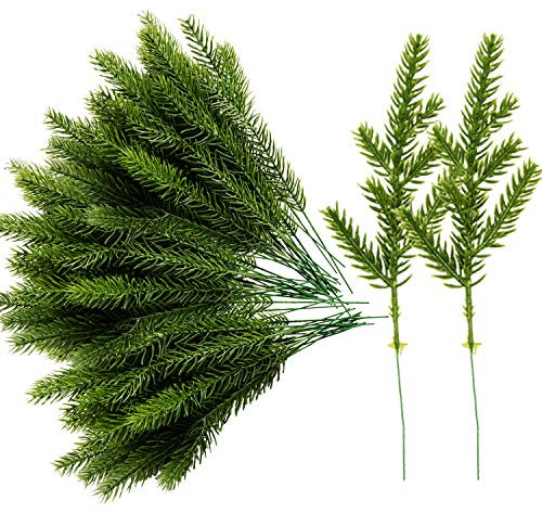 Purple Star 60 PCS Artificial Plants Pine Needles Branches Garland - 6.7x2.2 Inch Fake Green Plants Pine Picks for DIY Christmas Garland Home Garden Decoration