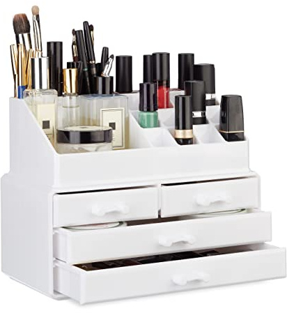 Relaxdays 1x Organizer Make-up Piccolo, Contenitore con Porta-Rossetti e 4 Cassetti, in Acrilico, Bianco