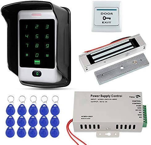 FST Système de Contrôle d'accès de Porte RFID Clavier RFID étanche Extérieur + Serrure Magnétique électrique 180KG + Couverture étanche à la Pluie + 15 pièces Cartes clés pour la Maison