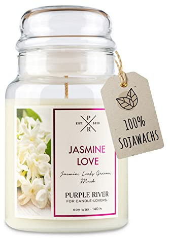 Purple River Große Duftkerze im Glas mit Deckel | Jasmine Love | Duftkerze Jasmin | Kerzen lange Brenndauer | Sojawachskerze | Raumduft für Zuhause