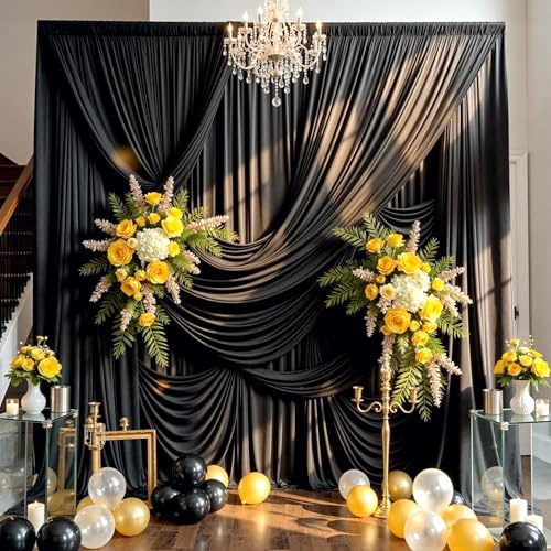 3×3m Noir Rideau de Fond de fête, 2 Panneaux 1,5 m × 3m Anti - Rides Doux Soyeux Polyester Photo Toile de Fond décor Mariage Anniversaire Douche bébé Halloween Photo Fond