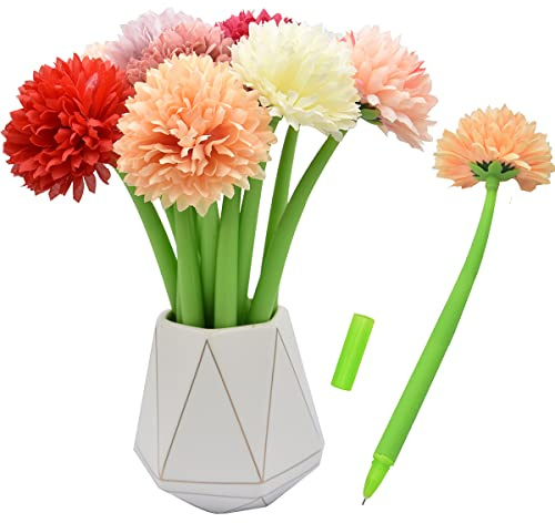 SIPLIV 12 bolígrafos creativos de tinta de gel con flores artificiales, color negro líquido, 0.5 mm, tinta de gel, para niñas y mujeres, suministros escolares de oficina, crisantemo de Melaleuca