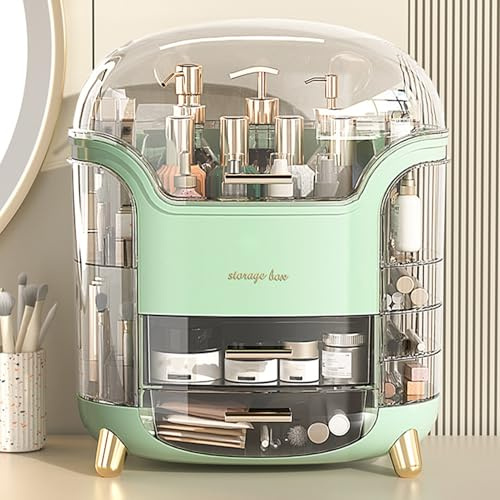 Makeup Storage Organiser with Clear Lid, Skincare Organiser Drawers Beauty Holder Cosmetic Organisers for Bathroom, DressingTable Organisers Dustproof Waterproof (Light Green)