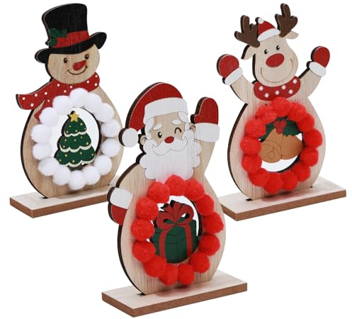 COCHIE 3 X Dekorativ Aufsteller für Weihnachten aus Holz, Weihnachtsfiguren Rentier Weihnachtsmann und Schneemann mit Haarball, Weihnachtsdeko Set für Tischdekoration & Festtage Deko