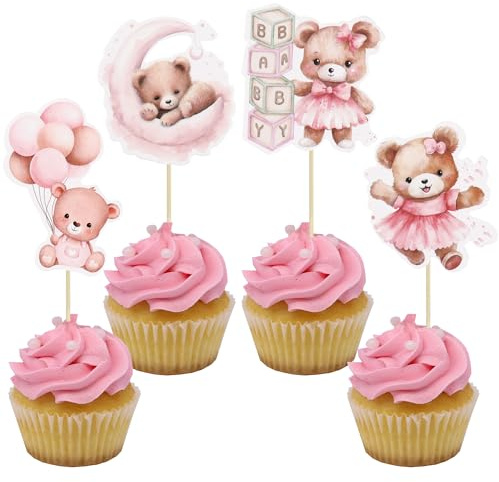 Gyufise 32Pcs Baby Shower Bear Cupcake Toppers Moon Baby Bear Baby Shower Cake Topper Decorations Jungle Animal Theme Birthday Party Cake Supplies Pink