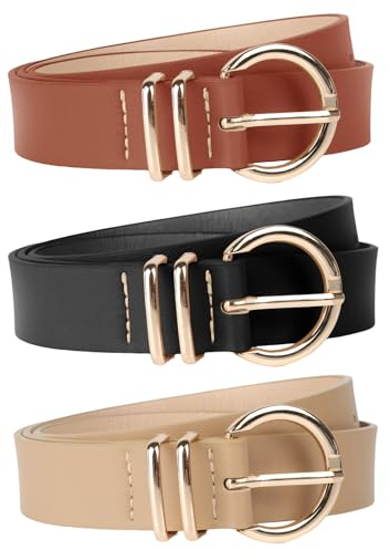 Euqvunn 3 Stück PU Gürtel Damen, Taillengürtel für Frauen, Damengürtel für Jeans Hosen Kleider, Verstellbarer Jeansgürtel mit Goldschnalle, Women Belt 105cm Lang x 2,9cm Breite, Schwarz Braun Beige