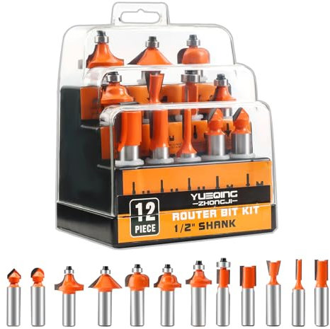 Yueqing Zhongji Router Bit 1/2 Shank Router bits 1/2 Shank-12.7MM Shank 12 Piece Router bitset Tungsten Carbide Router Bit Professional level Router bit sets 1/2 shank