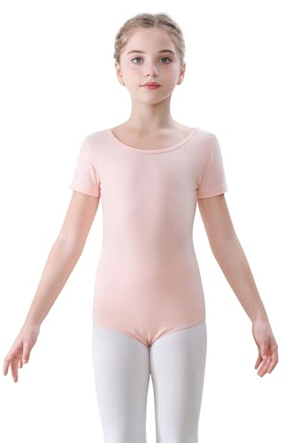 FONLAM Balett Dans Leotard Trikåer för Flickor Kortärmad Rytmisk Gymnastikdräkt Bomull Balettdräkt (5-6 år, Rosa)
