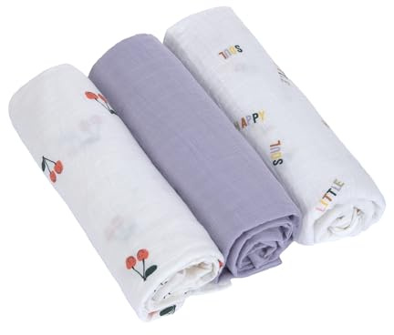 LÄSSIG Puck manta de bebé pañales muselina set de 3 piezas algodón 85 x 85 cm/Swaddle & Burp Blanket L Happy Fruits Cherry