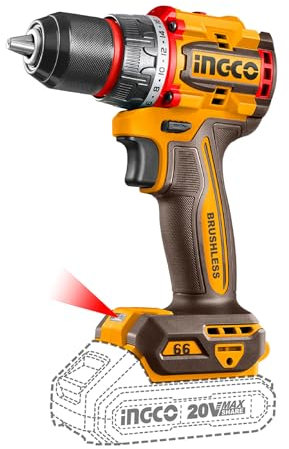 INGCO Perceuse Visseuse Compacte Sans Fil 20V (Produit Seul) Moteur Sans Balais, 2 Vitesse Variable, 0-500/2000 tr/min, 66NM, 22+1 Réglages de Couple, Lumière de Travail LED CDLI206681