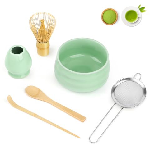 YARVPUV Te Matcha Kit 6 Piezas Matcha Set con Batidor Matcha (Chasen), Pala (Chashaku), Cuenco, Portabatidor, Tamiz y Cuchara de Matcha Accesorios para Kit Te Matcha Completo - Verde