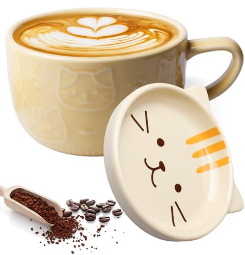 GBKDQQ Tasse À Café En Céramique Avec Couvercle Chat Peint À La Main: Grande Tasse Pour Boissons Chaudes Et Froides, Design Kawaii Pour Amoureux Et Amis (Chat Jaune/220ml)
