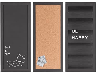 Juego de 3 Tableros Esenciales Bi-Office, 20 x 45 cm, Pizarra, Pizarra de Letras y Tablero de Corcho, Marco Negro