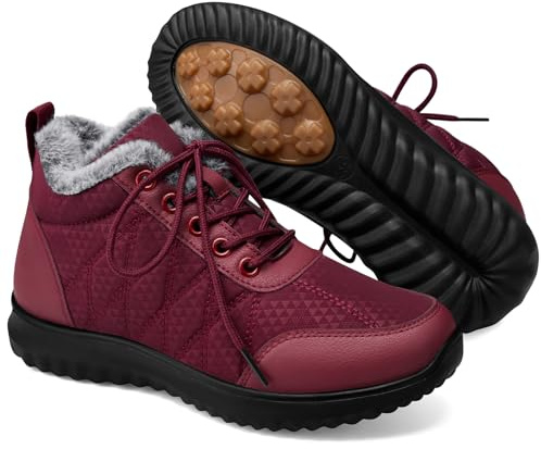 SHIBEVER Red Snow Boots for Women Winter Fur Lined Booties Waterproof Warm Anti-Slip Ankle Outdoor Comfortable Walking Shoes Size 7