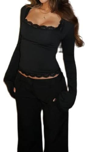 Yoisdtxc Women Cropped Lace Trim Tops Long Sleeve Square Neck Shirt Vintage Going Out Crop Top (A-Black, S)
