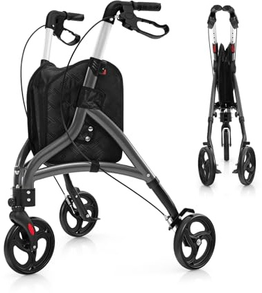 GOPLUS Andador para Ancianos Plegable, Andadores Adultos de Aluminio Ligero con 3 Ruedas para Todo Tipo de Terreno, Caminadores para Mayores con Altura Ajustable y Bolsa de Almacenamiento (Gris)