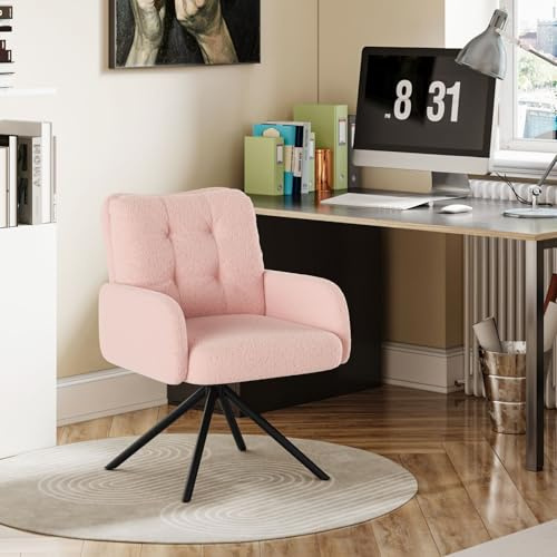Hadwin Armchair Tub Chair, Pink Boucle Vanity Chair, Swivel Desk Chairs with Double Cushions and Metal Frame Legs, Non-Slip Feet for Bedroom Living Room Dressing Room
