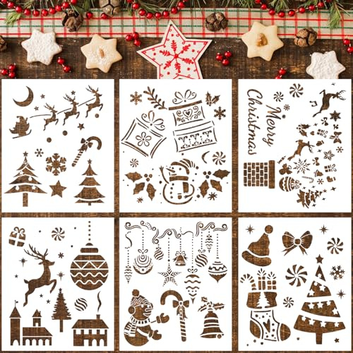 REEKNOKOL Christmas Stencils, 6 Pcs Stencils for Crafts Reusable Painting Template Natural Scrapbook Template for Christmas Painting DIY Art Crafts Wall Brick Décor