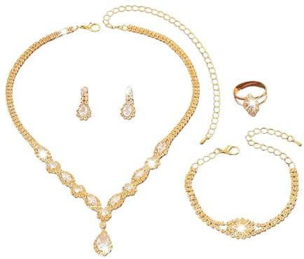XFSRG Juegos de Joyas Mujer Conjunto de Joyas Novia y Dama Strass Lágrimas Colgante Collar Pendientes Pulsera Anillo Set Regalo para la Fiesta de Bodas (Oro)