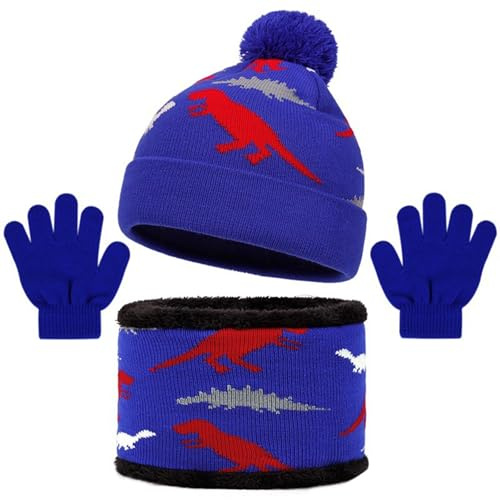 Generisch Bonnet d'hiver pour enfant 3 en 1 - Chaud - En tricot - Avec doublure en peluche - Bonnet en coton chaud - Écharpe tubulaire - Gants d'hiver pour garçons et filles de 2 à 10 ans, O bleu