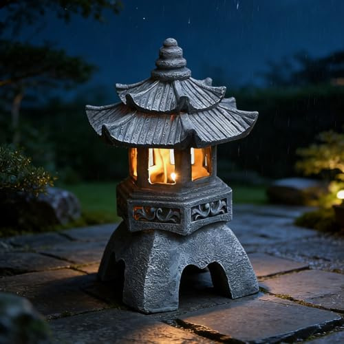 Lanterna in pietra giapponese da giardino, altezza 24 cm, lanterna solare a pagoda, lanterna da giardino giapponese in resina con illuminazione a LED solare per interni ed esterni, decorazione da