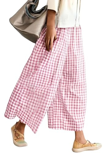 Générique Pantalon Capri Femme à Jambes Larges, Taille Élastique avec Poche, Motif Vichy Gingham, Idéal pour l'Été, Tissu Léger et Respirant (S)