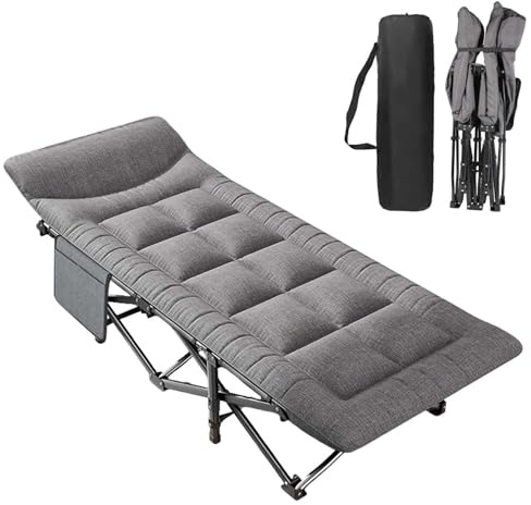 Lit de Camping Pliable avec Oreiller et Poche Latérale, Lit de Camp Rembourré 190 x 65 cm, Cadre en Acier jusqu’à 200 kg, Lit d’Appoint Portable avec Sac de Transport pour Camping, Jardin, Bureau
