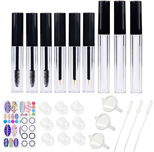 Kare & Kind 9 stycken tomma påfyllningsbara mascara-rör, eyelinerflaska, läppglansflaskor – behållare med trollstav, borstar, gummiinsatser, minidropper och minitratt – etiketter ingår –