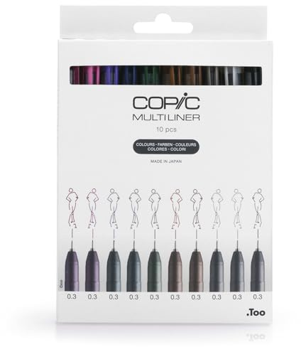 COPIC Multiliner Set Colors, 10 Fineliner in verschiedenen Farben, Strichstärke 0,3 mm, Zeichen Stifte mit einer feinen Spitze und wasserbeständiger Pigmenttinte