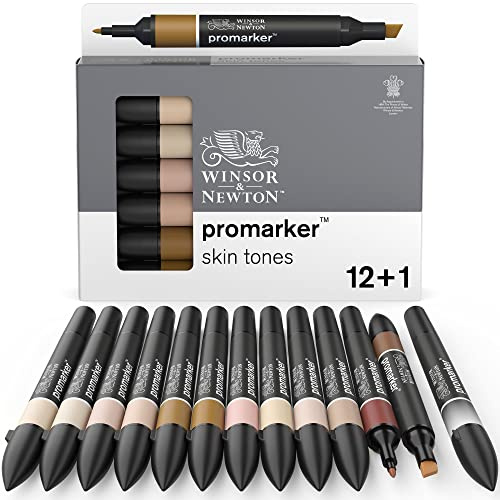 Winsor & Newton, Promarker, Skin Tones Set, Set of 12 + 1 Blender, Alcohol Based Dual Tip Marker