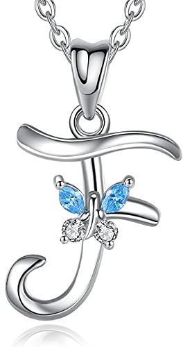 EUDORA Initial Butterfly Necklace 925 Sterling Silver F Alphabet Letter Personalised Pendant Necklaces with Blue Cubic-Zirconia Gifts for Women Ladies Mother's day, 18 inches Chain