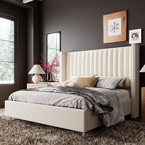 Jocisland King Size Upholstered Platform Bed Frame with Tall Wingback Headboard, Velvet Modern Luxury Design, No Box Spring Needed, Easy Assembly, Cream