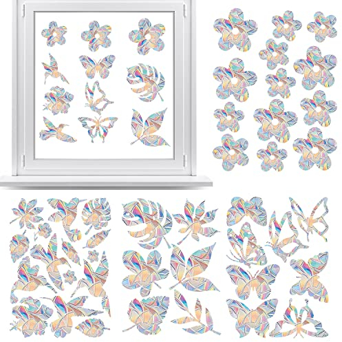 42PCS Vogelschutz Für Glasscheiben Suncatcher Sticker Folie Vogelaufkleber Für Fensterscheiben Prisma Fensteraufkleber Blume Vogel und Schmetterling Fenster Aufkleber für Wohnzimmer Schlafzimmer