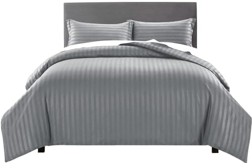 Yorkshire Bedding Single Duvet Cover Set Stripes Satin Hotel Quality Bedding Set with Pillowcase Soft Microfiber Duvet Covers (Grey 135x200 Cm)