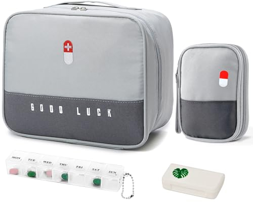 WuGU 2PCS Botiquín de Primeros Auxilios, Mini Kit Primeros Auxilios Trae Pastillero con 2 Cajas de Pastillas, Mini Botiquin de Primeros Auxilios Impermeable para Escuela, Viajes, Camping - Gris